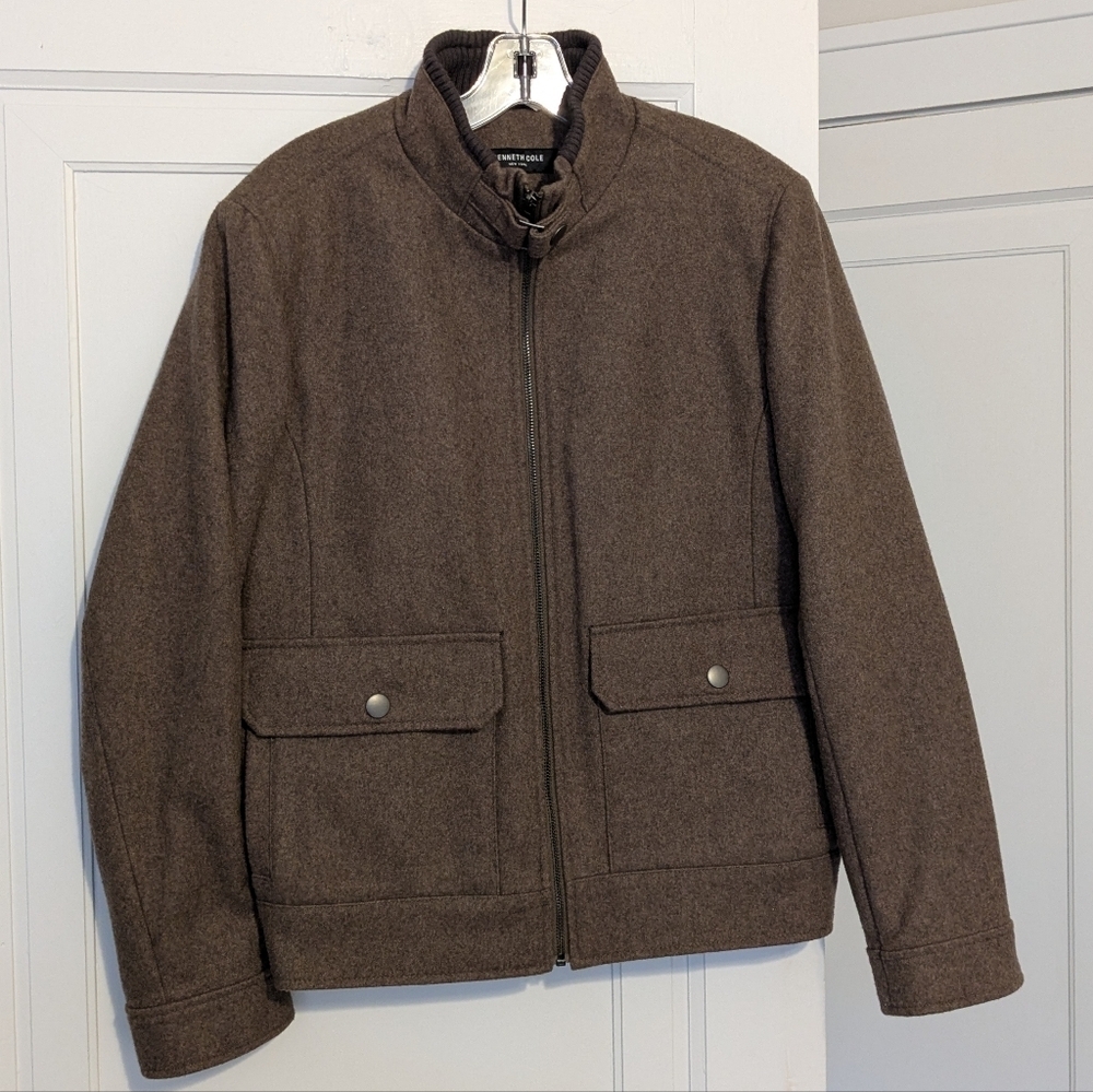Kenneth Cole Men's Bomber Jacket Classic Wool Brown Flap Pockets Small Pilot